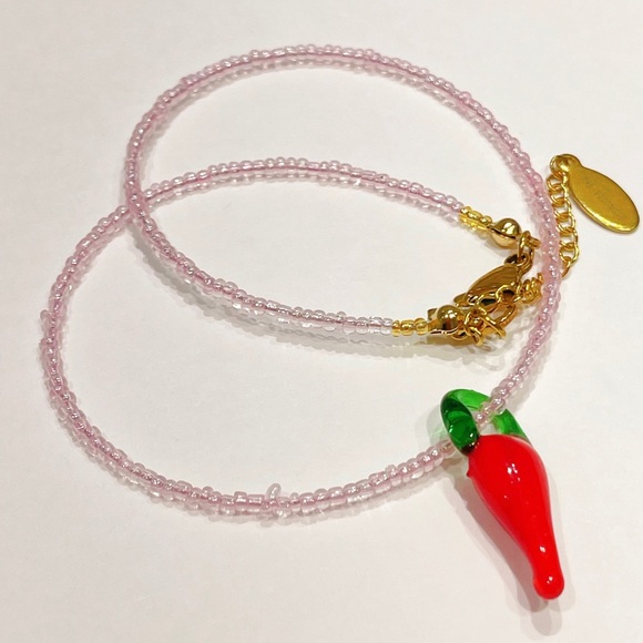 Handmade unique pepper lamp work charm & light pink glass seed beads necklace - Picture 4 of 4